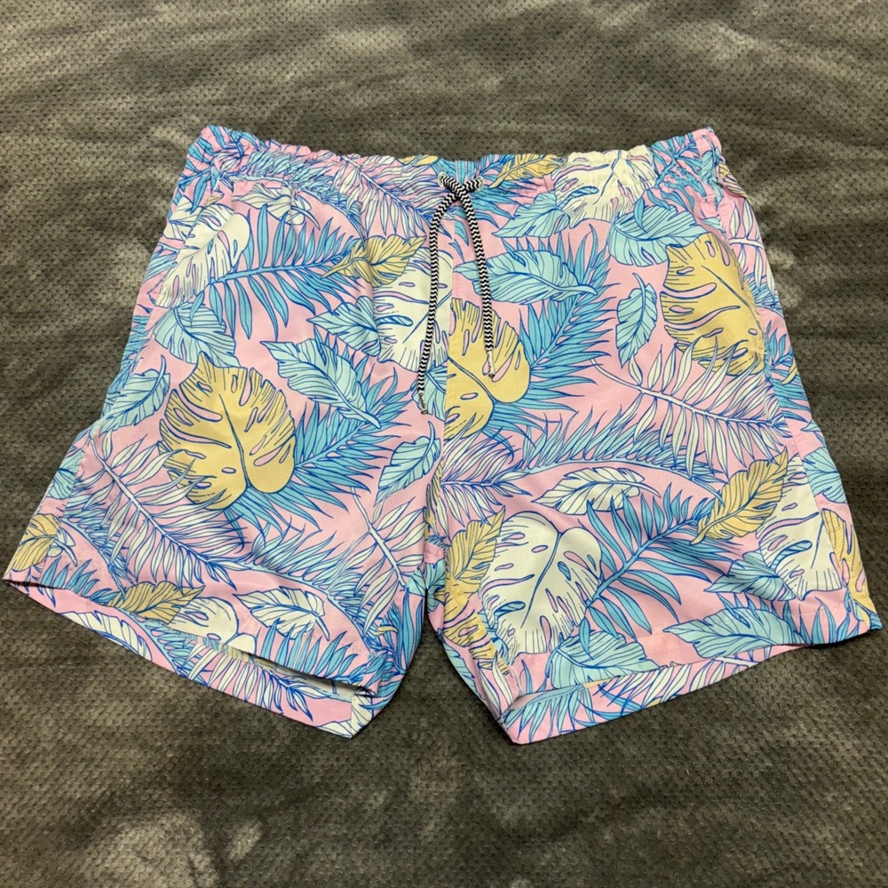 Boardies Apparel Mens Tropical Leaf‎ Swim Trunks Pink Blue Size L 5.5 Inseam